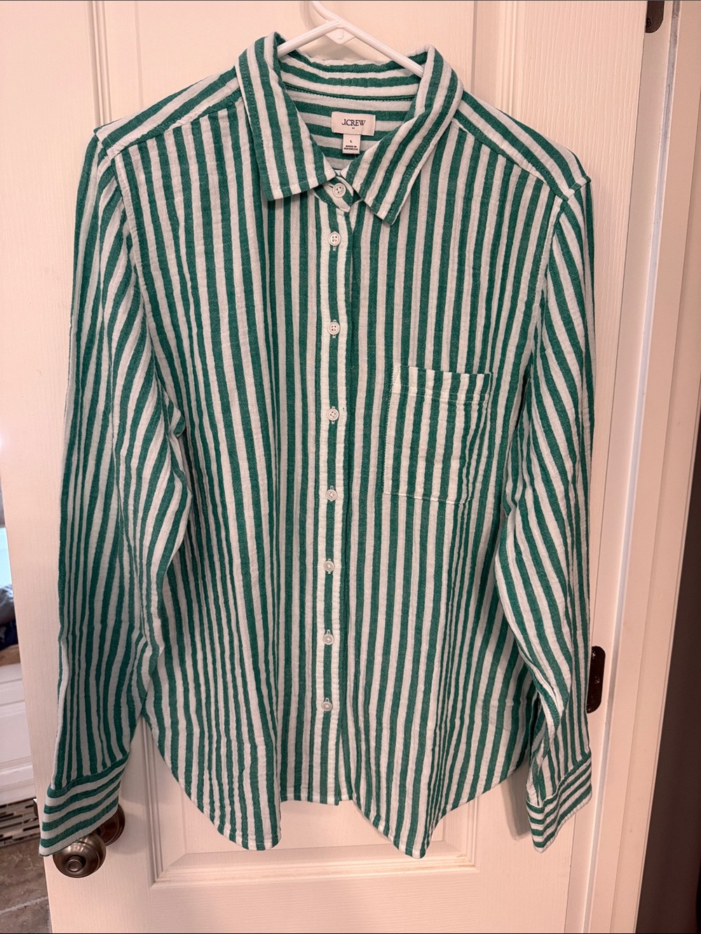 J. Crew Green and White Vertical Stripe Button-Up Shirt